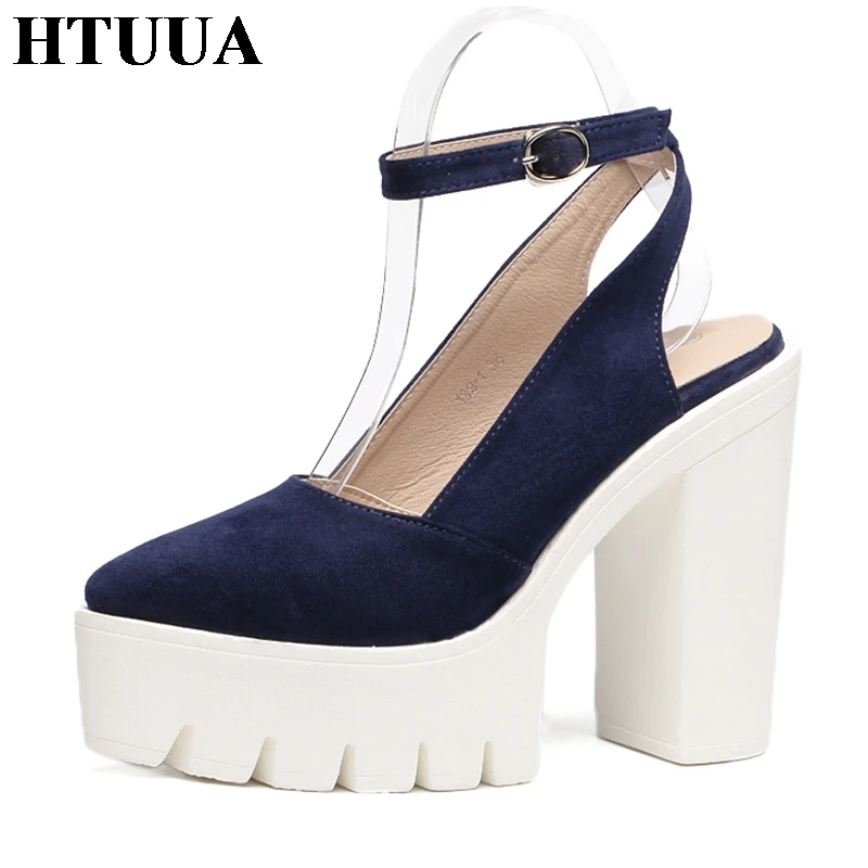 

HTUUA Newest 2018 Street Fashion Women Sandals Ankle Strap Pointed Toe Sexy High Heels Party Club Thick Platform Shoes SX1228