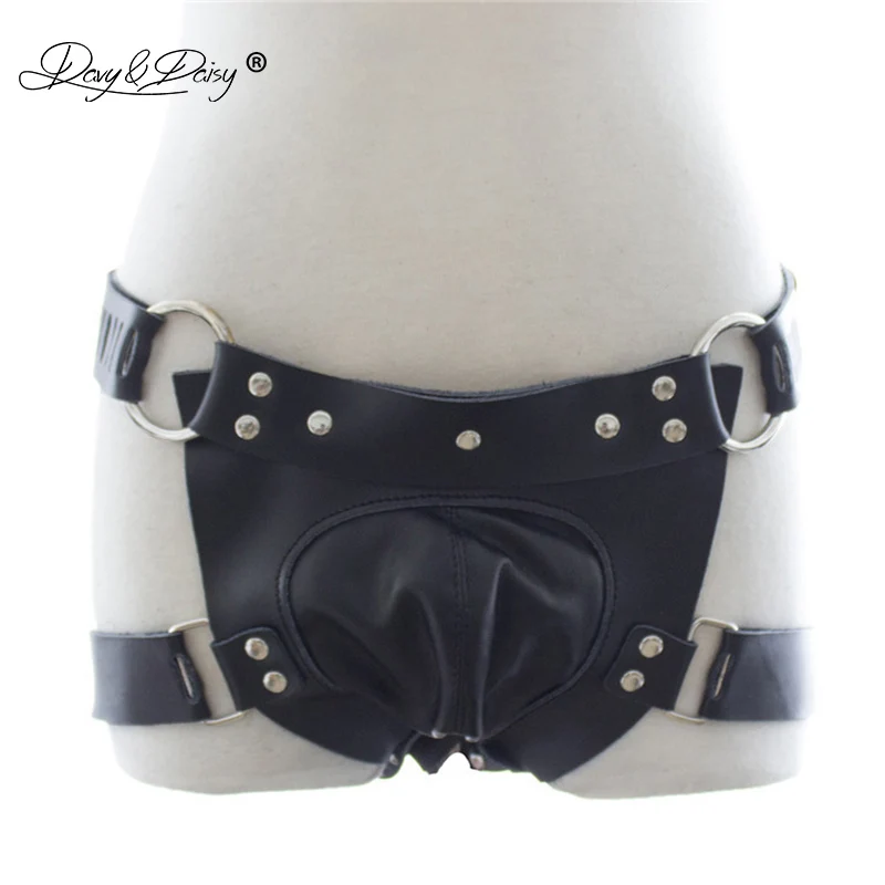 

DAVYDAISY Men Chastity Belt Cock Shorts Panties PU Leather Gay Fetish Thongs Sexy Lingerie Exotic Briefs Male Underwear UN534