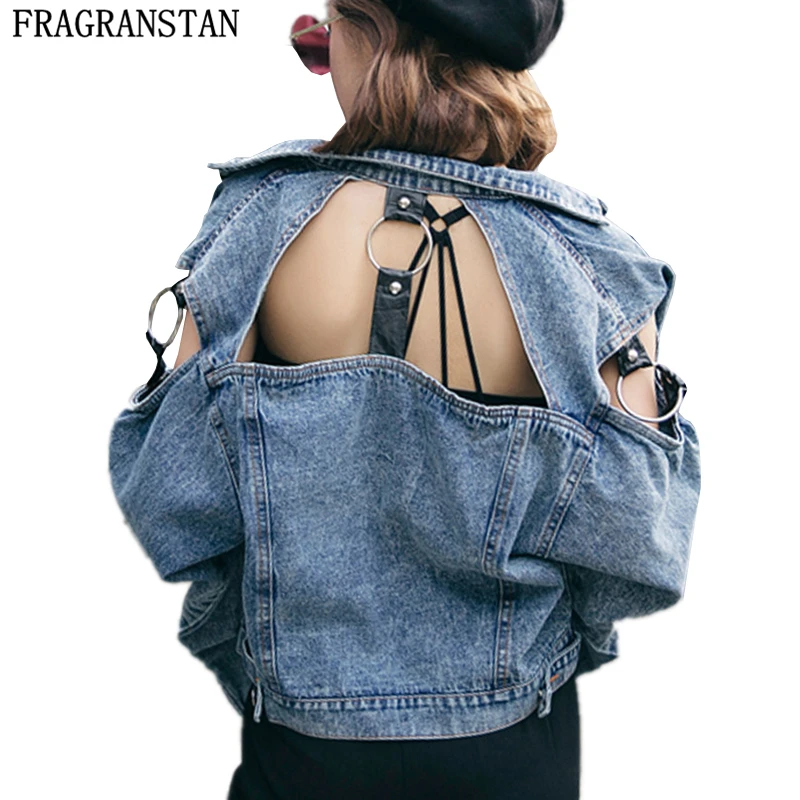 

Ladies New Fashion Back Hollow Out Design Denim Jacket Spring Summer Outerwear Women Harajuku Loose Personality Short Coat LY246