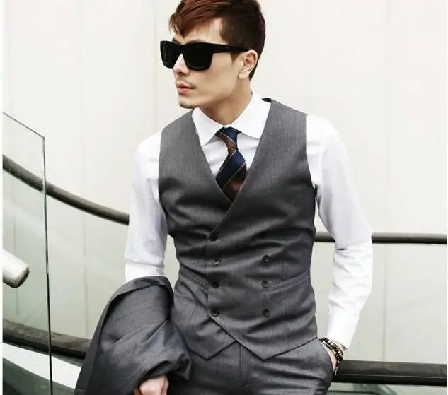 

Hot Sale Slim Fit Grey Business Mens Vest Double Breasted Formal Occasion Vest Wedding/Prom/Dinner Waistcoat