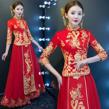 

Elegant Slim Oriental Women Marriage Qipao Red Phoenix&Flower Embroidery Cheongsam Vintage Chinese Bride Wedding Dress S-3XL