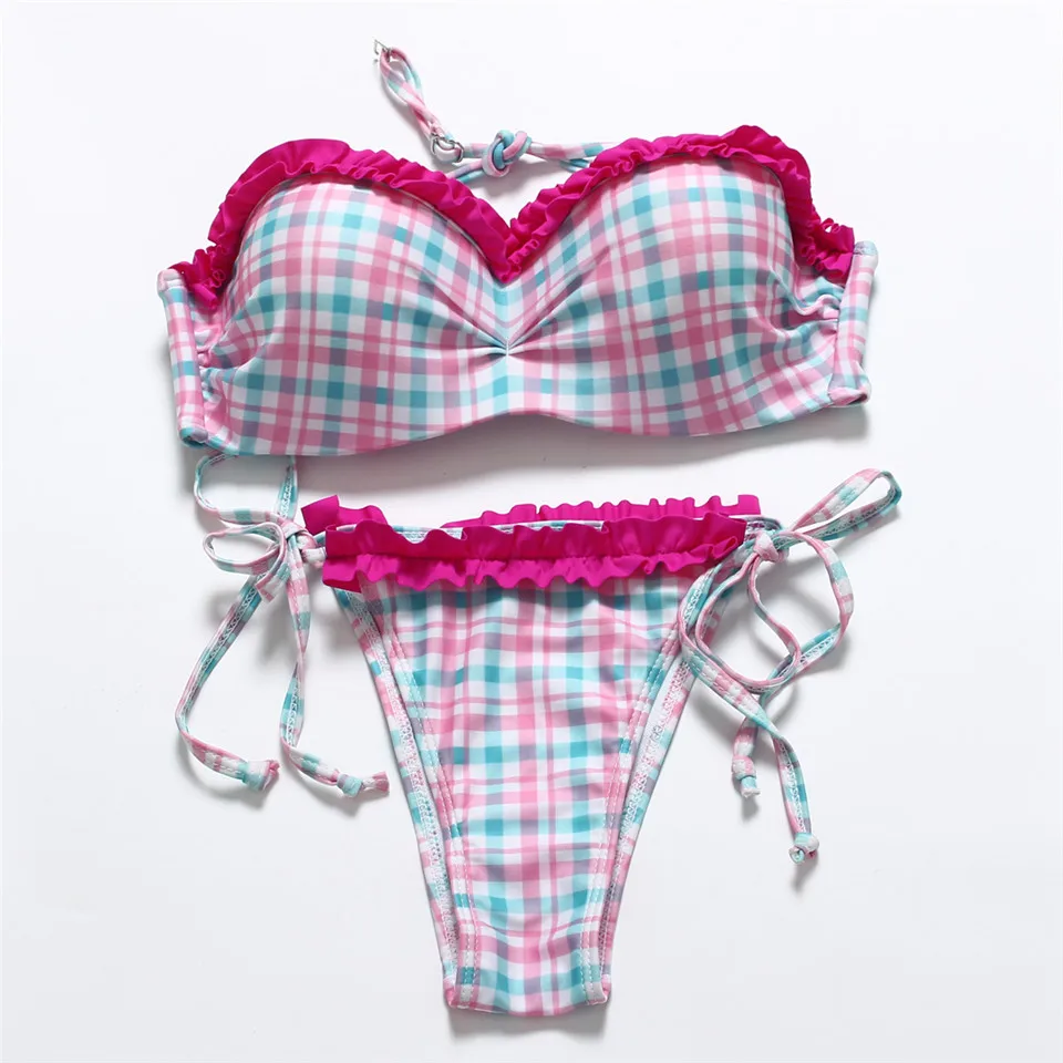 

BANDEA 2017 New Sexy push up Bikinis Swimwear Women dot and plaid print Swimsuit Halter retro adjustable Beachwear AF01FB821