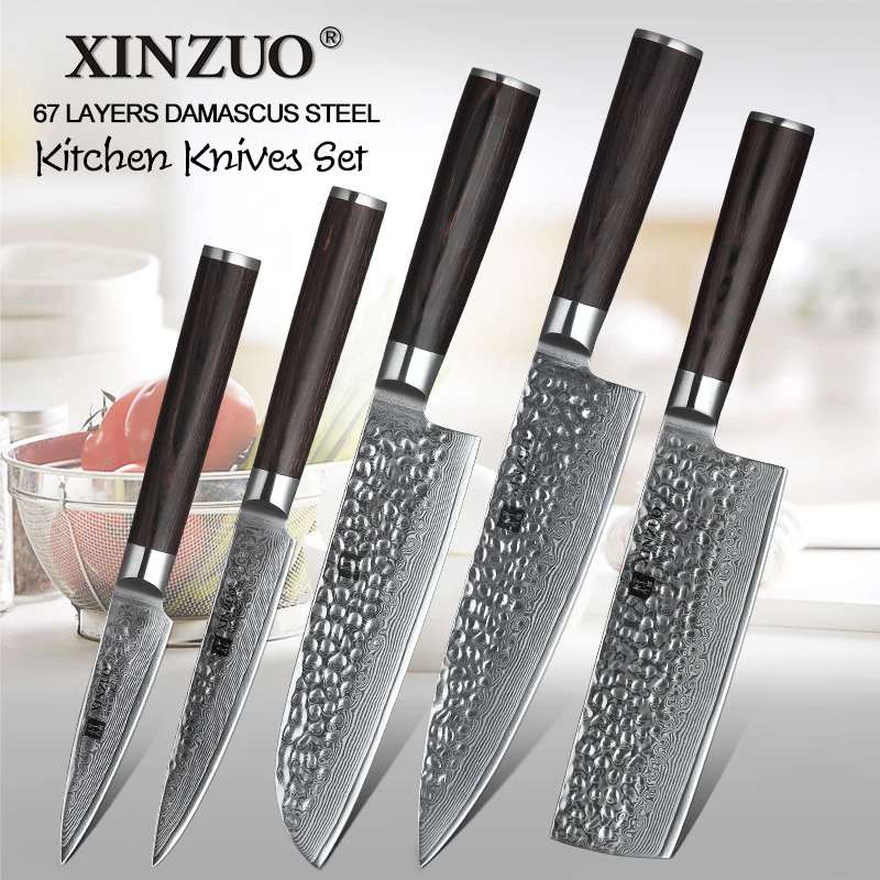 XINZUO 4 pcs kitchen knife set Damascus steel kitchen knife set stainless steel chef utility knife rosewood handle free shipping