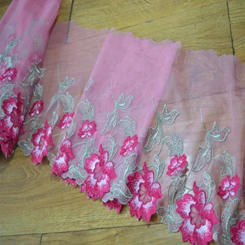 

27CM (2yds/lot)pink gauze rose-carmine floral Embroidery Hight quality lace fabrics embroidered lace trim 1705011