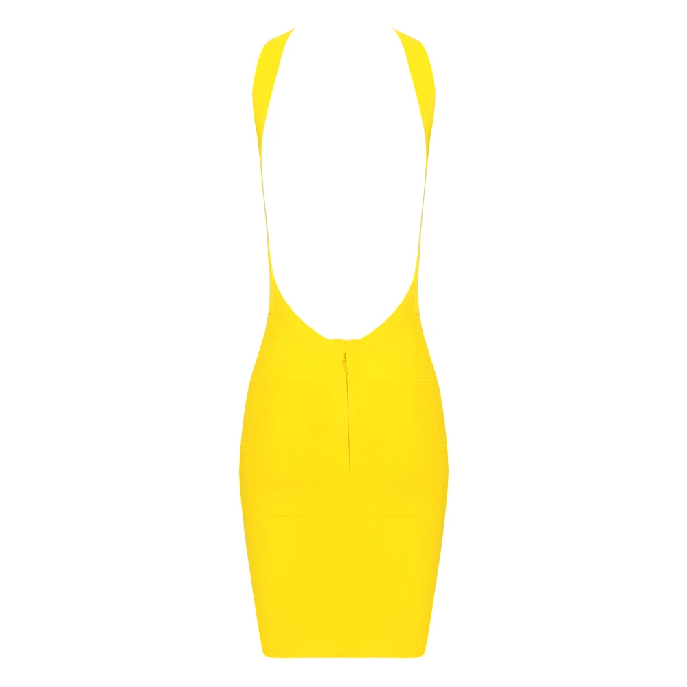 BEAUKEY желтый сексуальный открытая спина Спагетти ремни для бандажа платье Дешевые мини империя Bodycon Вечерние эластичные платья XL