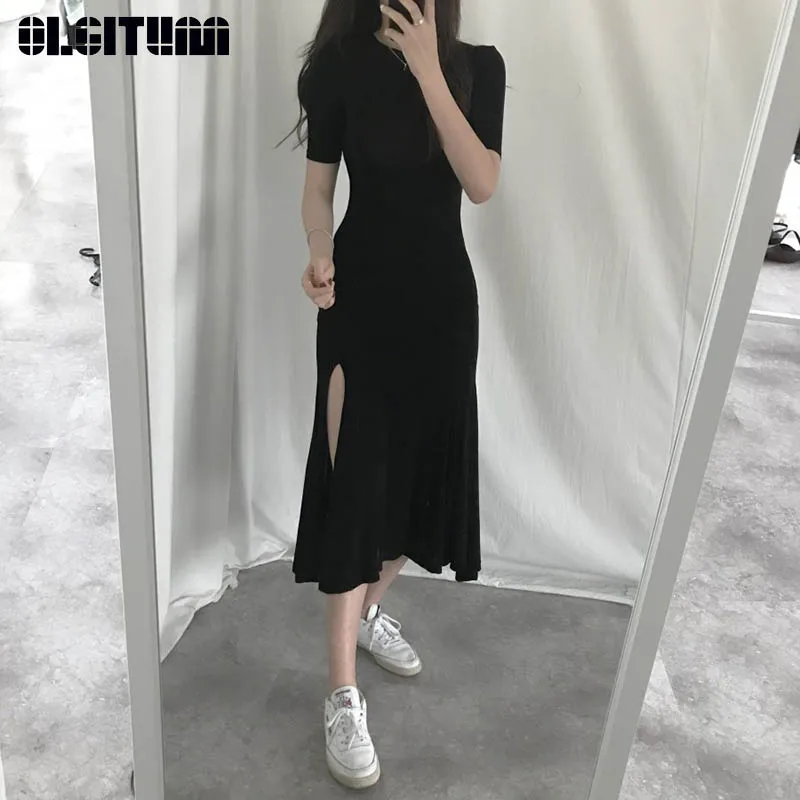

New 2019 Korean Version of the Summer Sexy Slim Split Thin Skin Fishtail dress Solid Color Short-Sleeved Long Dress DR905