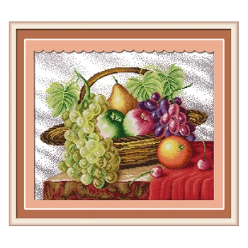 

JoySunday cross stitch Fruit basket flower grape cherry tomato pear apple DMC14CT11CTcotton needlework livingroom hotel painting