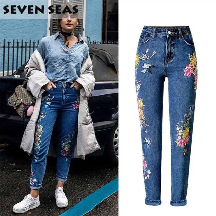 New Fashion 3D Flower Ladies Jeans with Embroidery Mid Waist Casual Loose Straight Jeans Women 