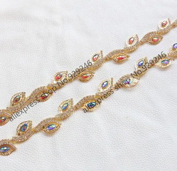 

free shipping 1 yard 1.7cm gold metal chain with crystal blue AB red AB resin rhinestone leaf-shape trimmings garment accessory
