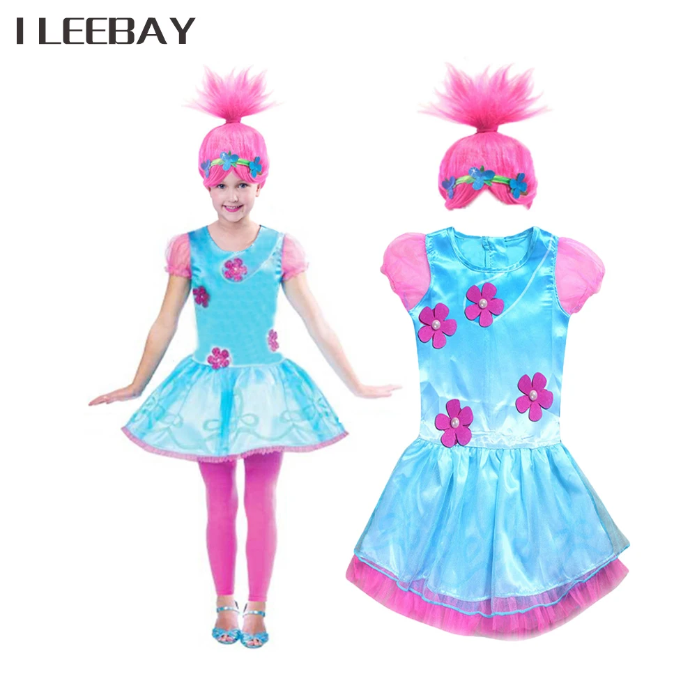 Baby Girl Trolls Princess Dress + Parrucca Bambini Cartoon Flower Dress Bambini Halloween Poppy Cosplay Clothes Costume Vestidos Infantil
