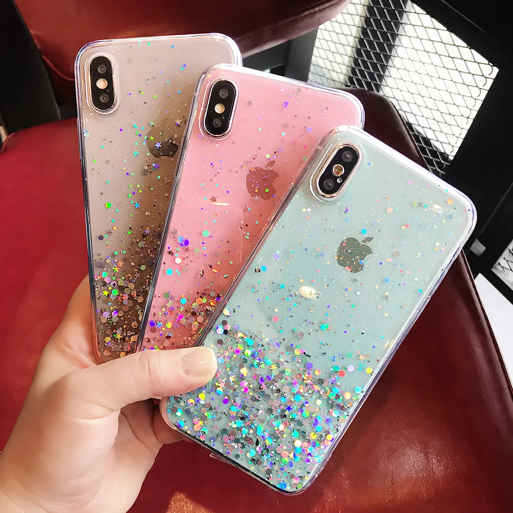

Glitter Sequin Transparent Phone Case For iPhone X XS XR XS Max 6 6S 7 8 Plus Shining Dream Star Soft TPU Back Cover Coque