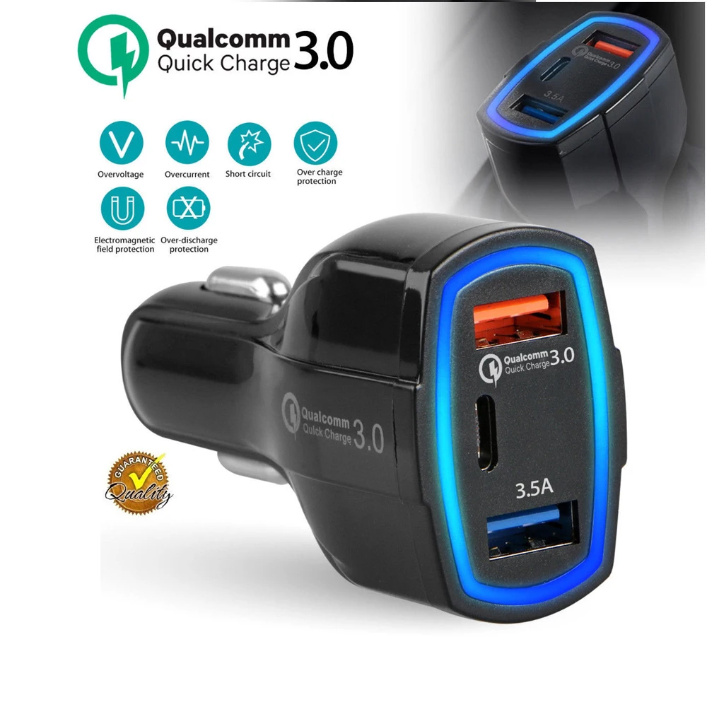 Car Charger Quick Charge 3.0 Dual USB Ports and Type C Charging Port