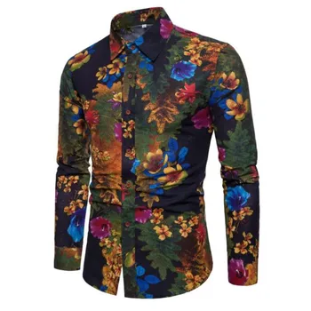 

5XL Large Size 2019 Brand Clothing Fashion Shirt Male Flax Dress Shirts Slim Fit Turn-Down Men Long sleeve Mens Hawaiian Shirt