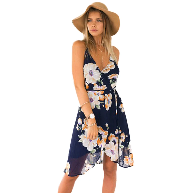 Spaghetti Strap V Neck Backless Printed Sleeveless Casual Dresses