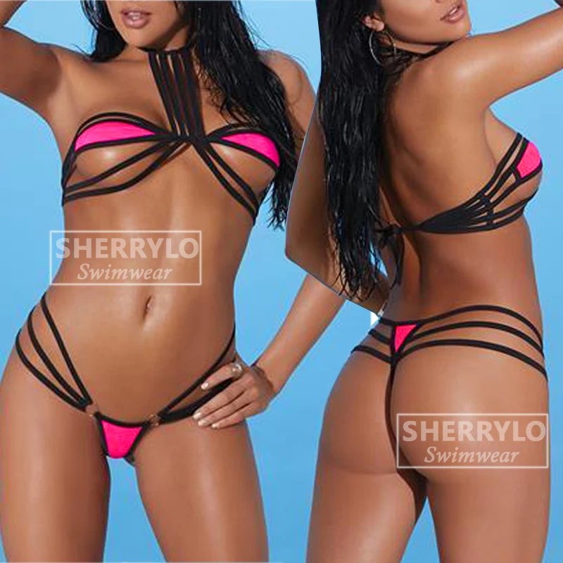 

Caged Pink and Black Micro Bikini Bikinis Female 2019 Woman Swimsuit Minimal Coverage Top G String Thong Women's Swimwear Bottom