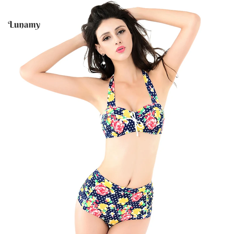 

Lunamy Bikinis Set Women 2018 Sexy Push Up Swimwear Print Swimsuit Female High Waist Bathing Suit Vintage Summer Beachwear