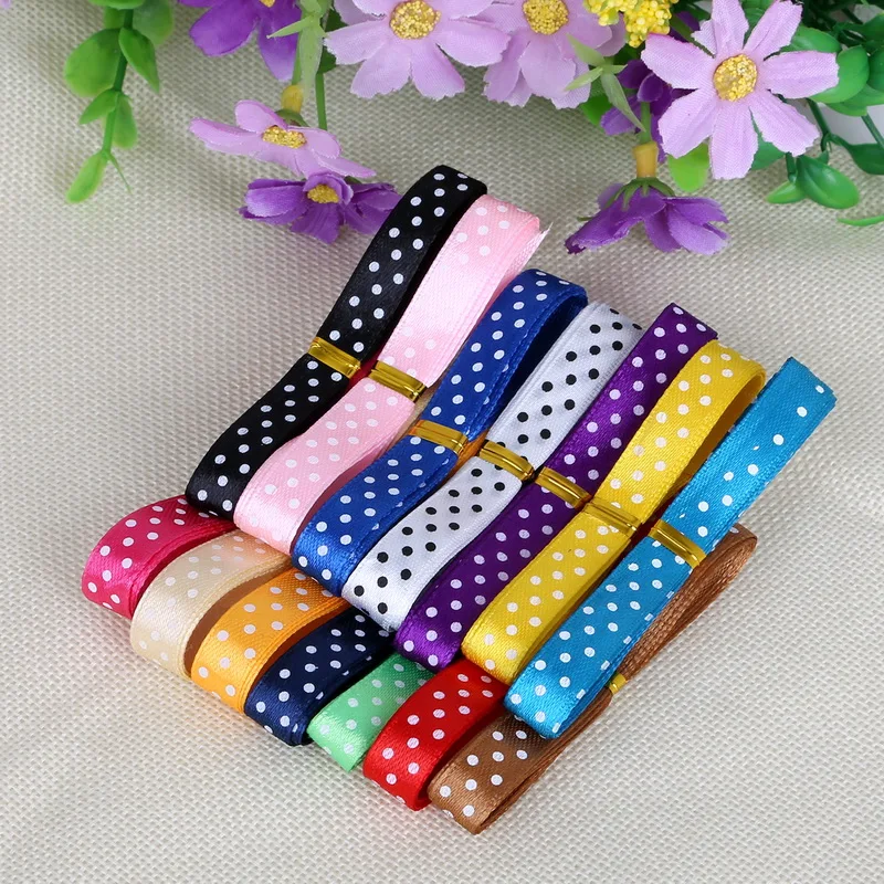 10mm 10/12Yard Random Mix Colorful Dot Printed Satin Threaded Ribbon DIY Handmade Head Wreaths Hair Wedding Party Gift Packing