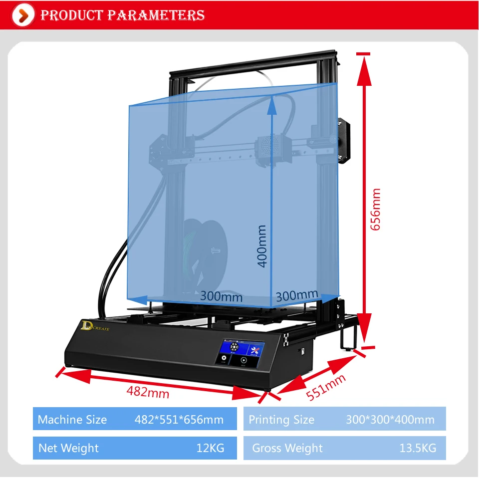 DMSCREATE DPX 3d принтер, литье размер 300*300*400 мм, 3,5 сенсорный экран стабильная материнская плата, линейная направляющая, модульная установка