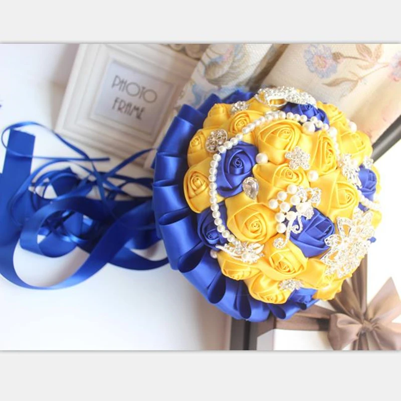 

Yellow Royal Blue Wedding Bouquets With Crystal Bridal Bouquets Bridesmaid Artificial Satin Roses Bride Flowers
