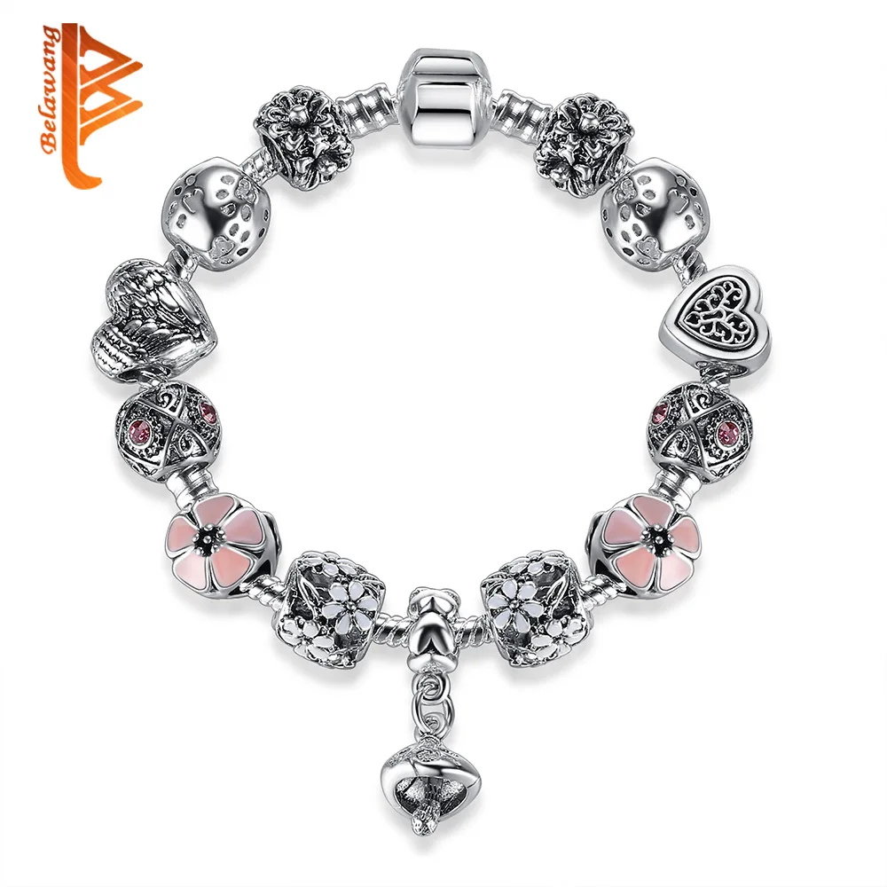 

BELAWANG Fashion Tibetan Silver Enamel Flower Charms Bead Bracelet Women Snake Chain Bell Pendant Bracelets Silver Jewelry