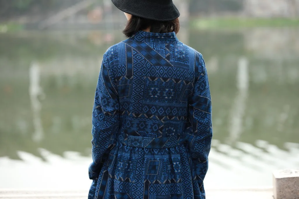 Женское темно-синее хлопковое льняное платье-халат в стиле ретро, женское свободное винтажное платье в национальном стиле, женское свободное платье Ципао, осеннее платье Ципао