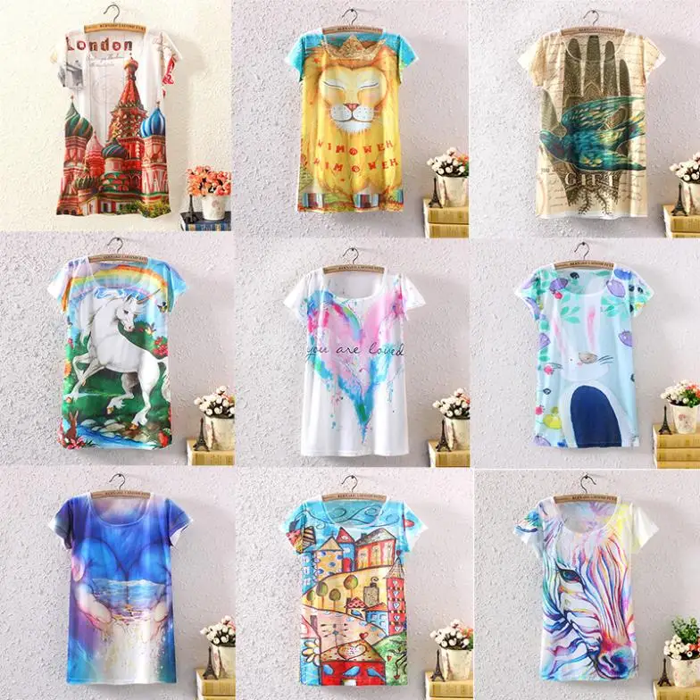 

new 2014 women t-shirt new summer fashion design 3d print women's clothing wholesale low price free shipping female tshirt