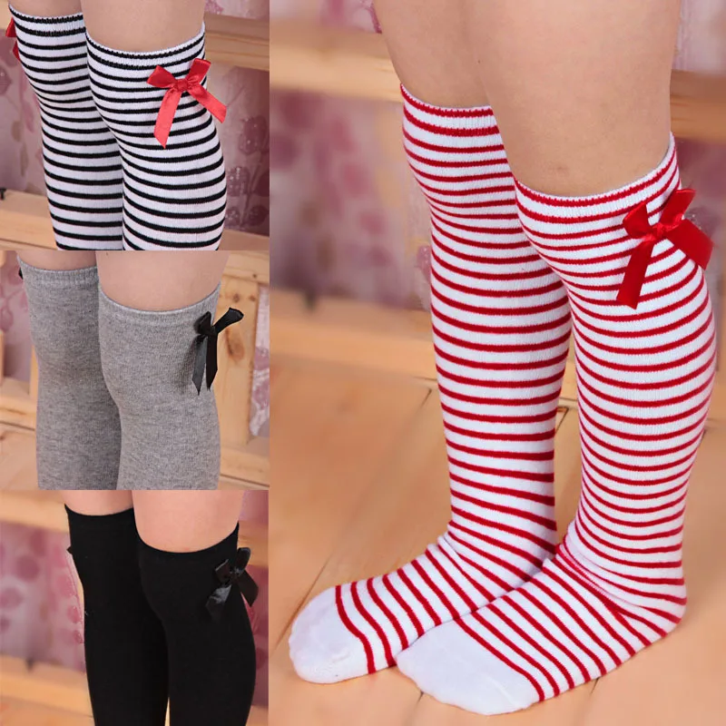 

Hot Cotton Girls Stockings 4Pairs/Lot Baby Kids Children Leg Warmers Bowknot Stripes Solid White Red White Black Knee High Socks