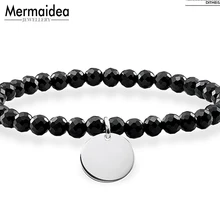 Бисерные ID браслеты с Бусы из Оникса Серебряный Диск стерлингового серебра 925 пробы модные ювелирные изделия модный подарок для женщин девочек