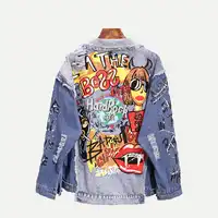 ファッショングラフィティアップリケヒップホップジーンズジャケット女性秋洗濯素材デニムジャケットユニセックスカジュアルストリート