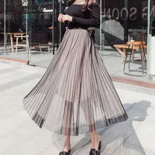 Новая юбка с эластичной резинкой на талии, Женская длинная Плиссированная юбка, Женская сетчатая Лоскутная Полосатая юбка Faldas, повседневная Юбка-миди Saia в винтажном стиле