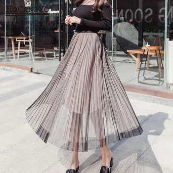 

New Elastic Waist Skirt Women Spliced Long Pleated Skirts Womens Mesh Patchwork Striped Faldas Casual Saia Midi Skirt Vintage