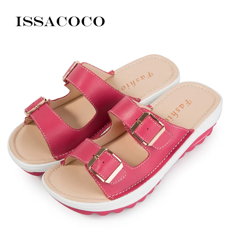 

ISSACOCO Summer Womens Slippers Buckle Real Leather Slides Shoes Solid Thick Sole Heels Beach Sandals Home Slippers Flip Flops