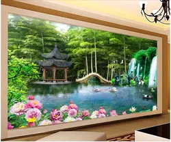 Пользовательские росписи фото 3d обои бамбуковый лес мостик озеро пейзаж гостиная 3d настенные фрески обои для стен 3 d