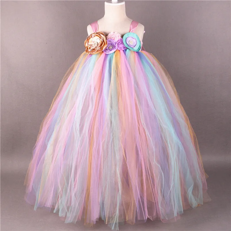 Rainbow Flower Girl Tutu Dress Princess Children Girls Tulle Party Dresses Boutique Kids Girls Pageant Wedding Ball Gown Dress - Цвет: Многоцветный