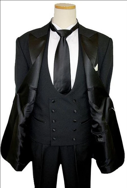 Новое поступление красивый свободный вариант черного мужского костюма модные костюмы жениха для лучших мужчин из четырех частей(куртка+ жилет+ брюки+ галстук
