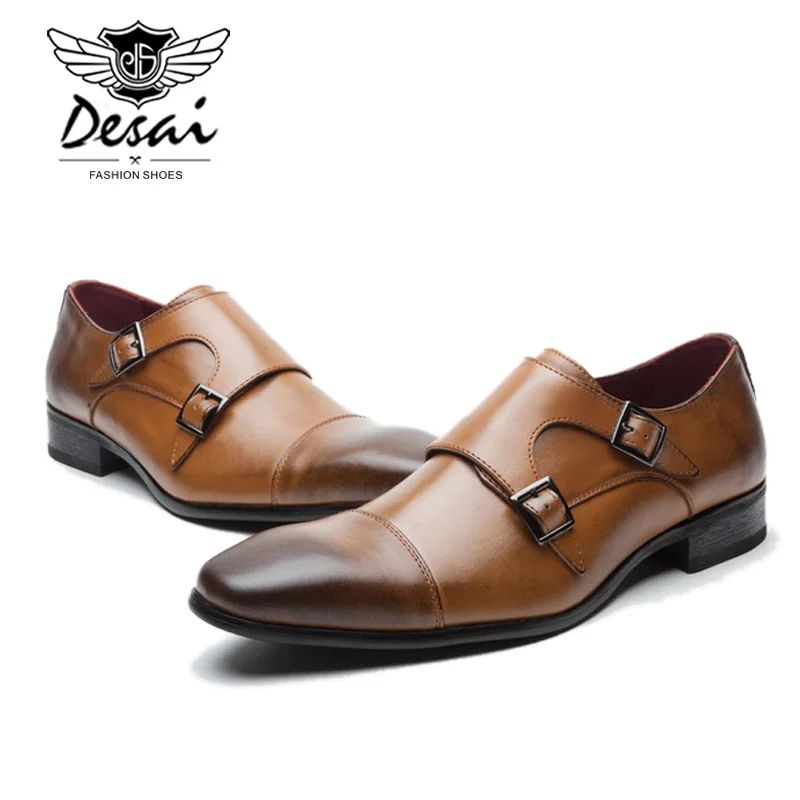 Boucle En Zapatos Moine Sangles Noir Chaussures Luxe Hombre Robe Hommes Double D'affaires Formelles brown De Cuir Mariage Marque Black Véritable YgwqOO