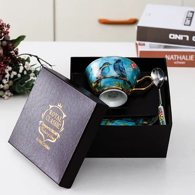 New Superior Luxury Floral and Birds Bone China Coffee Tea Cup Saucer Gold Plated Ceramic Porcelain Coffee Tea Gifts Box Sets - Цвет: A