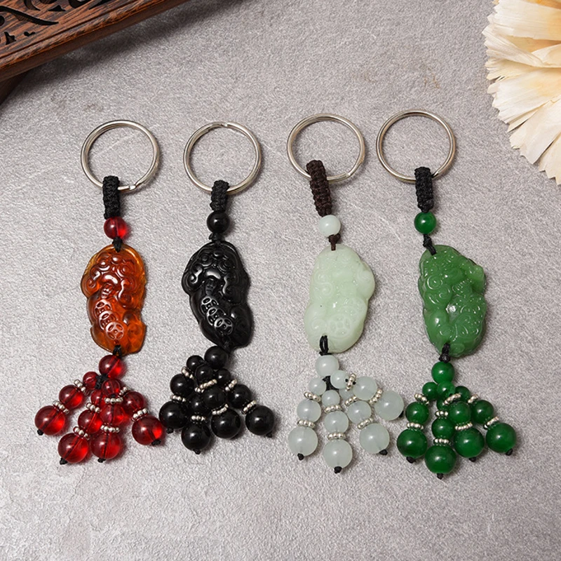 

Natural Jade Pixiu Car Keychain Key Rings Animal Pixiu Lucky Peace Keychains For Unisex