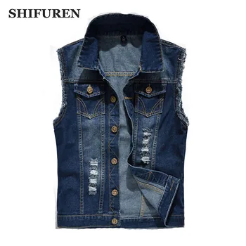 

SHIFUREN Plus Size 6XL Men Ripped Jeans Vests Single Breasted Male Frayed Cowboy Waistcoat New Autumn Denim Sleeveless Jacket