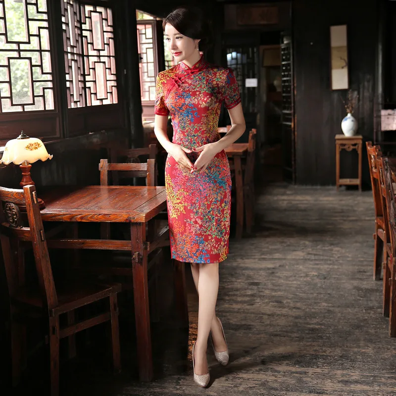 Moda Cheongsam Чино традиционное vestido de seda estampado rojo Qipao Ретро estilo Восточное vestidos Qi Pao розовая одежда Chipao