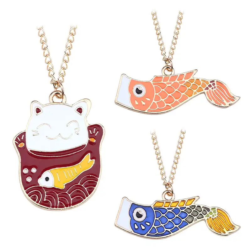Adorable Gato De La Suerte Carpa Pescado Collar De Las Mujeres