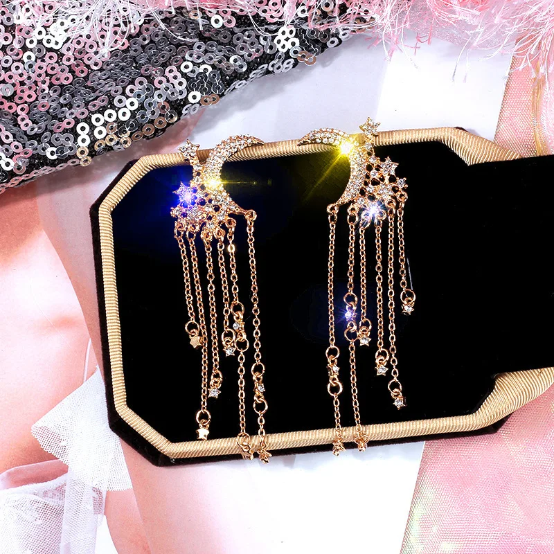 Новые серьги темперамент длинные висячие супер фея кисточки Звезда Луна Серьги эльф серьги Модные ювелирные изделия вечерние подарок для женщин - Окраска металла: Gold