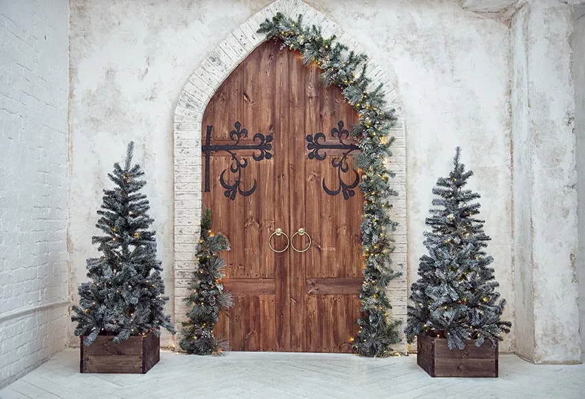 Фон для фотосъемки Рождественское украшение дерево Ретро винтажная деревянная дверь Рождественские фоны для фотостудии