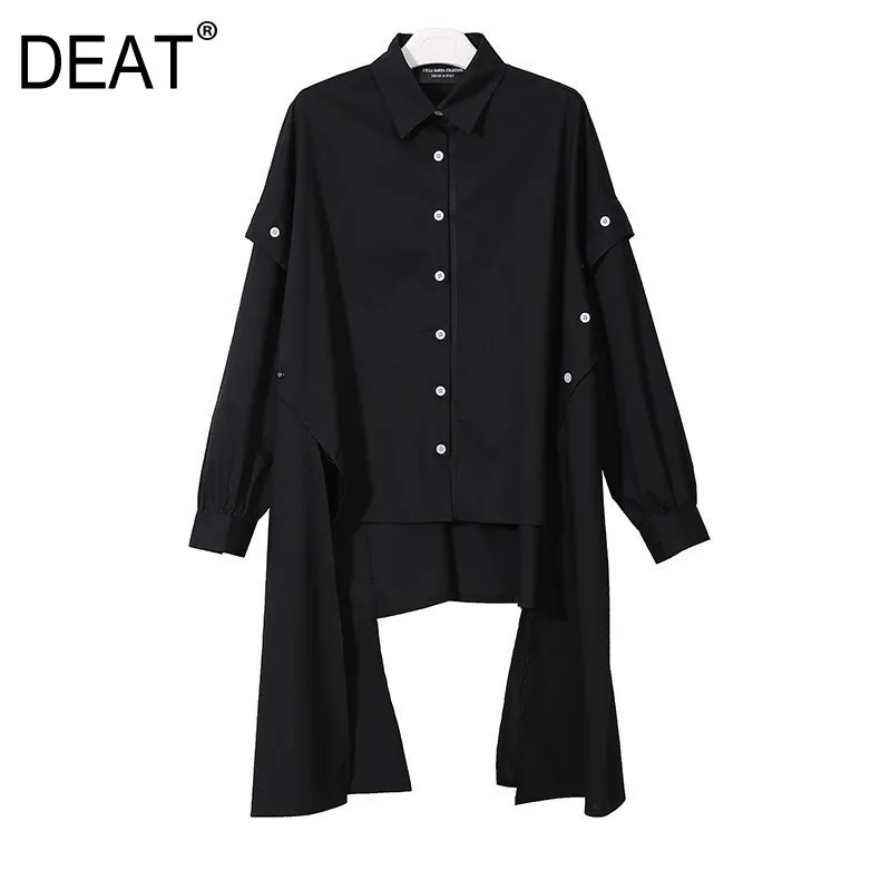 

[DEAT] 2019 New Spring Lapel Long Sleeve Black Irregular Hem Button Split Joint Loose Big Size Shirt Women Bouse Fashion