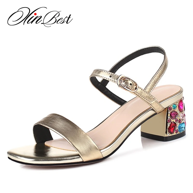 

Xinbest Peep Toe Rhinestone Sandals Gold Fashion Casual Buckle Strap Genuine Leather Women Summer Sandals Square Heel Strap Heel