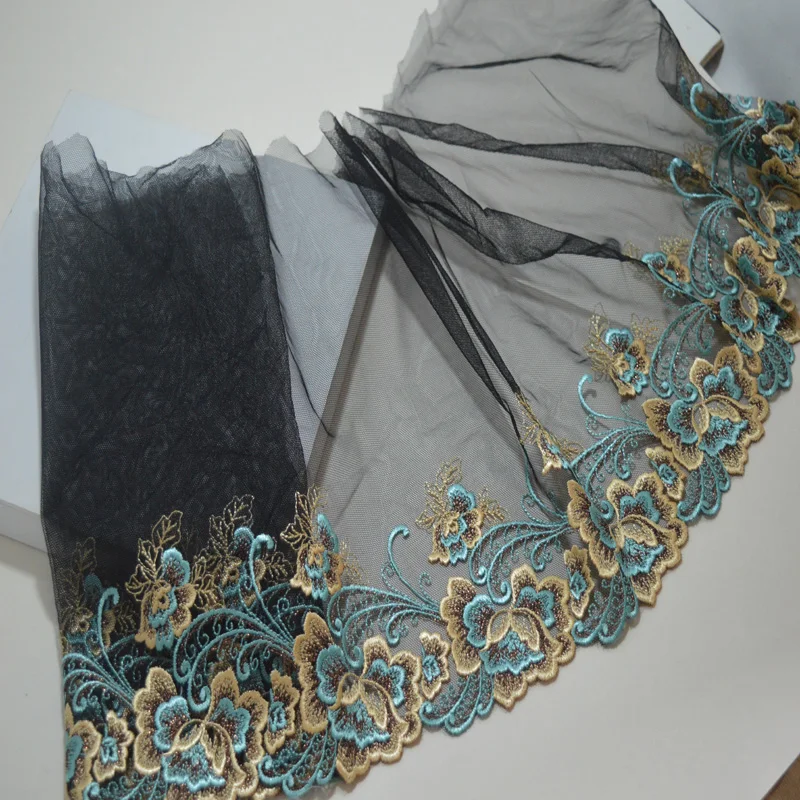 

26cm 2yds/lot Black Gauze Fluorescence gold blue mixed thread floral Embroidery DIY lace trim for garments, wedding decoration