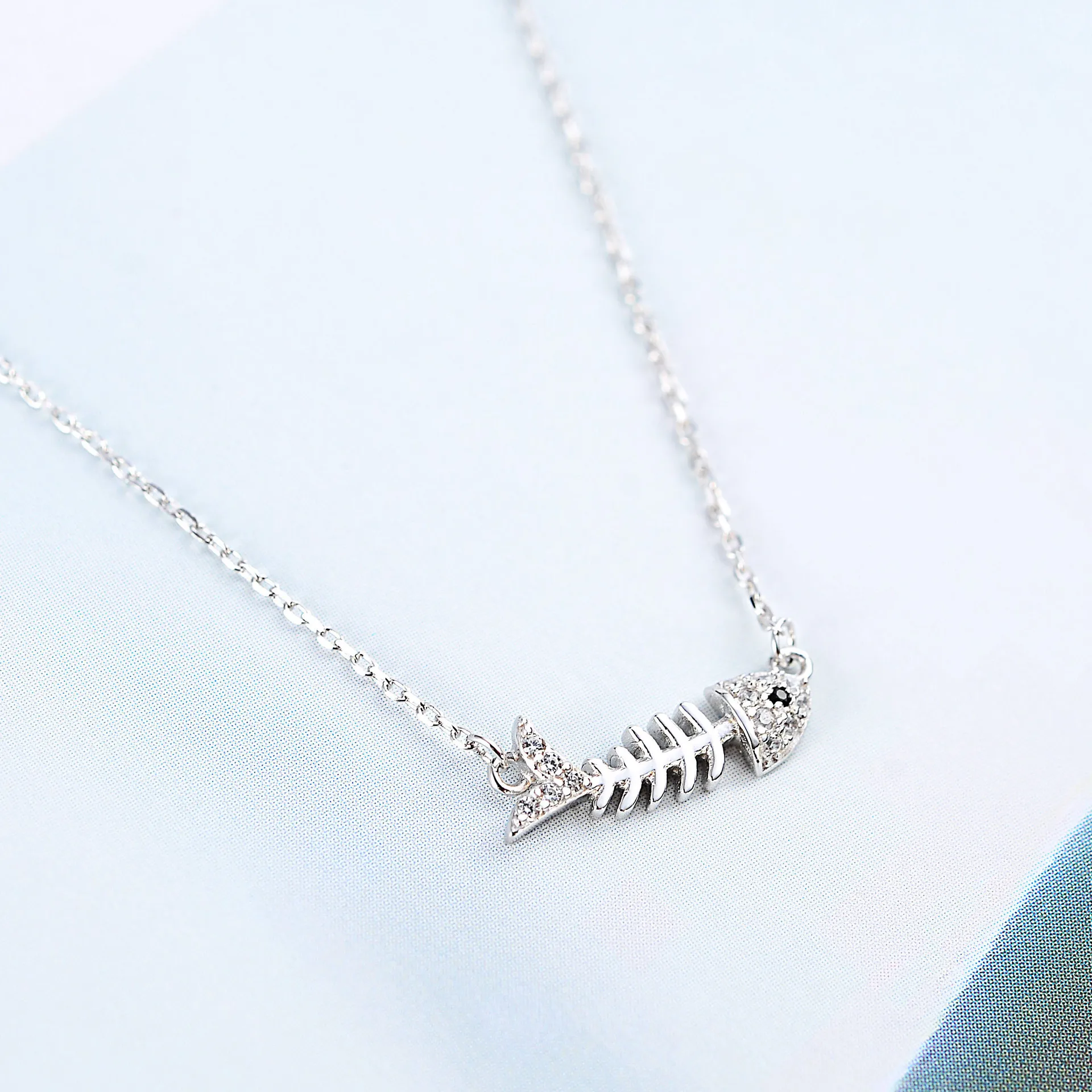 fish bone full CZ insert necklace woman 100% 925 Sterling silver nacklace Jewellery Clavicle chain pendant charms