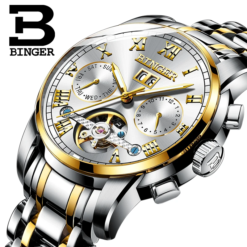 Многофункциональные механические часы Switzerland BINGER Tourbillon автоматические с