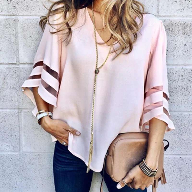 

2019 Spring Summer Blouse Women Lace Mesh Patchwork Blouse Chiffon Long Sleeve Shirts Hollow Out Casual Tops White Pullovers