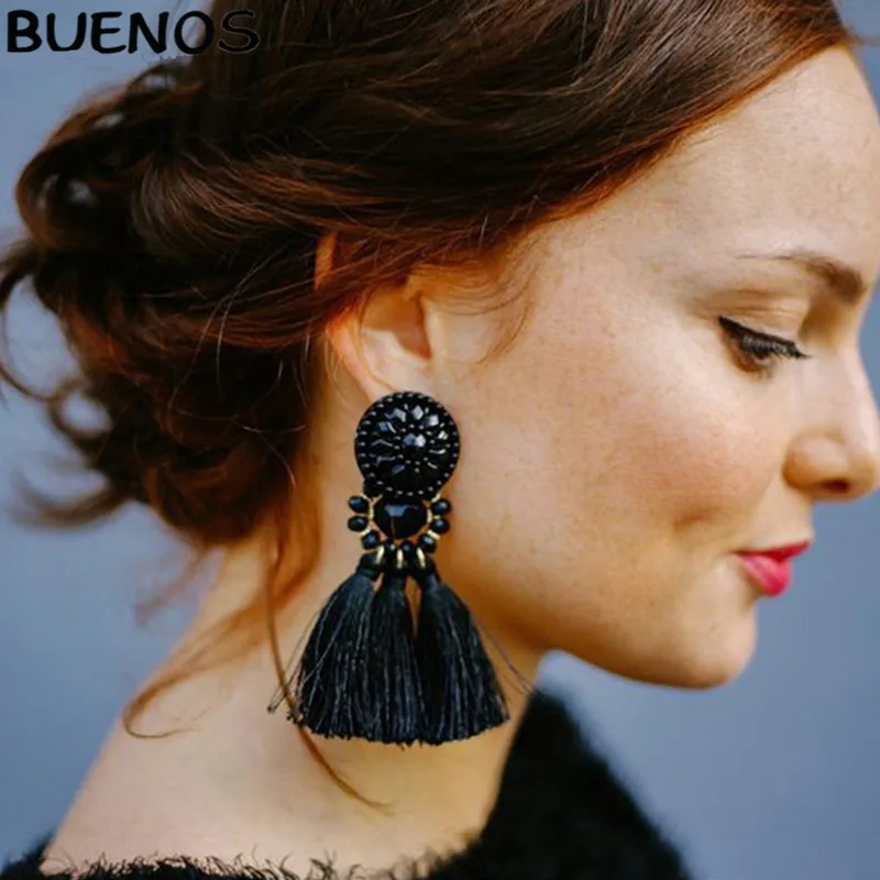 

BUENOS Fashion Bohemian Tassel Crystal Long Earrings White Red Silk Fabric Drop Dangle For Women 2019 Summer Jewelry
